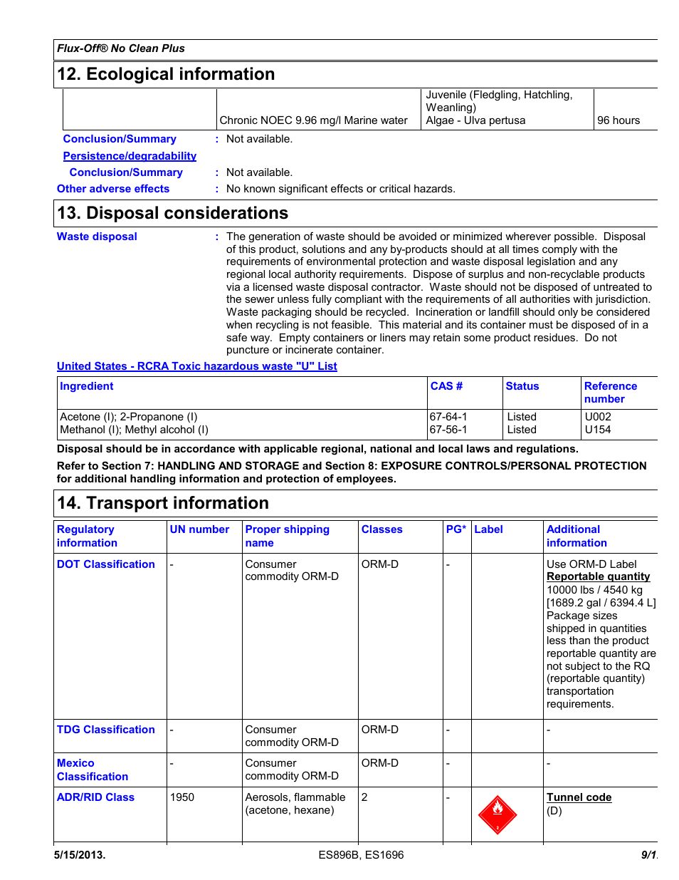 Ecological information, Disposal considerations, Transport information | Chemtronics Flux-Off No Clean Plus ES896B User Manual | Page 9 / 12