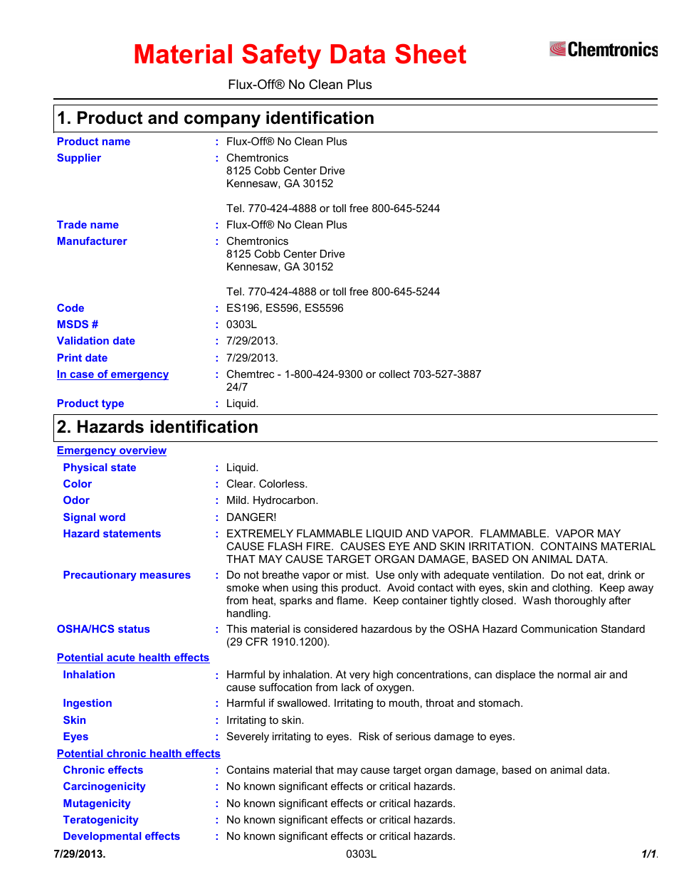 Chemtronics Flux-Off No Clean Plus ES596 User Manual | 12 pages