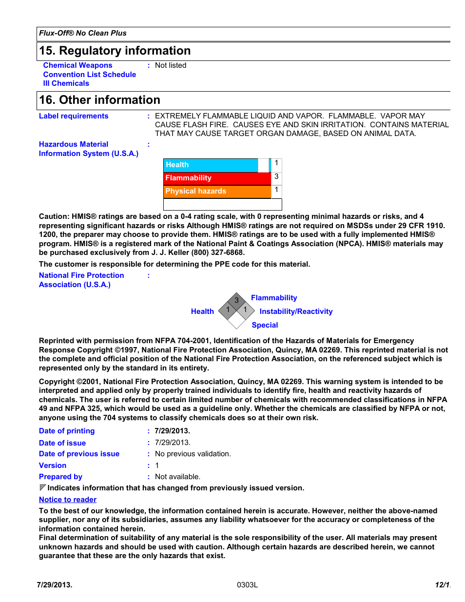 Regulatory information, Other information | Chemtronics Flux-Off No Clean Plus ES596 User Manual | Page 12 / 12