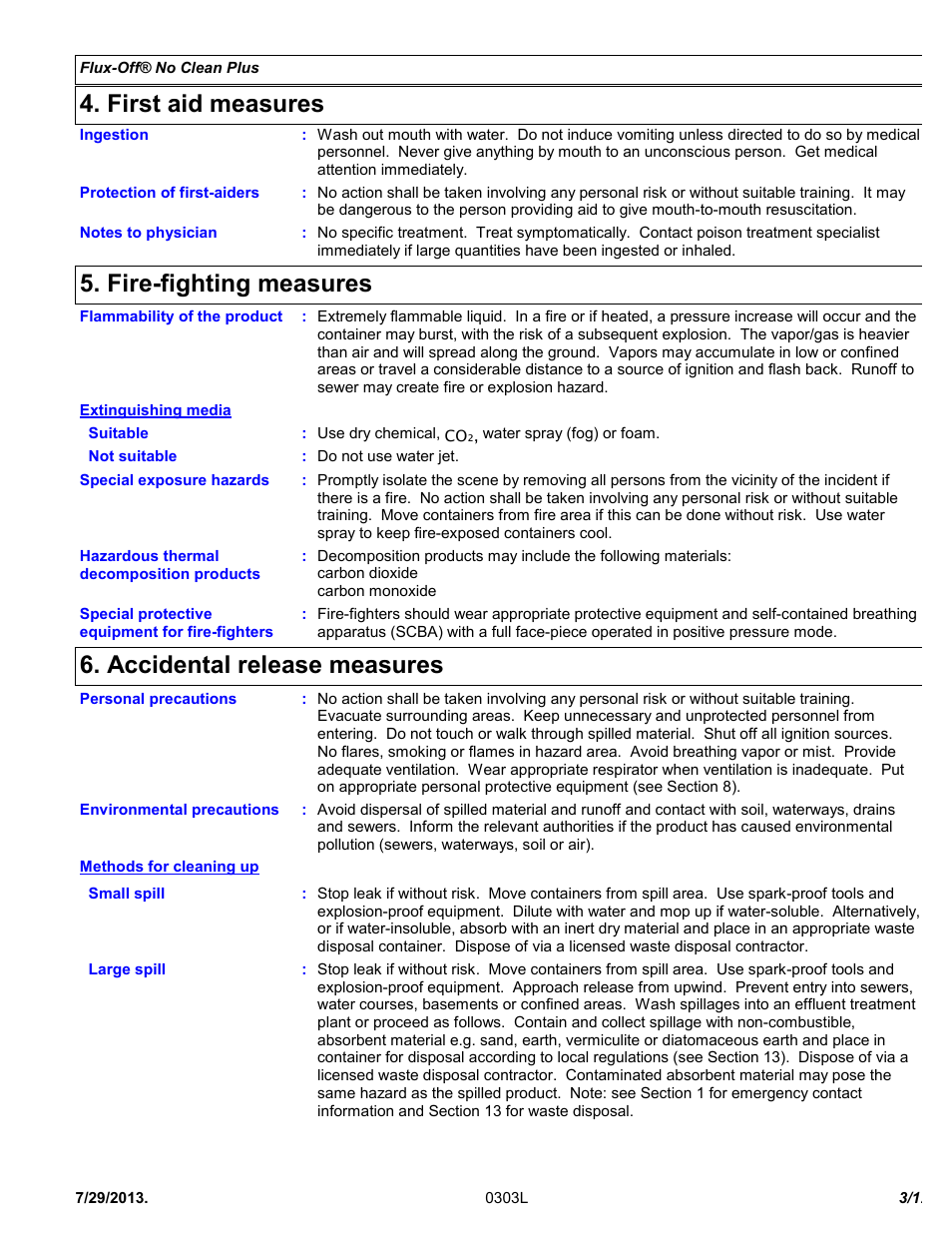 First aid measures, Fire-fighting measures, Accidental release measures | Chemtronics Flux-Off No Clean Plus ES596 User Manual | Page 3 / 12