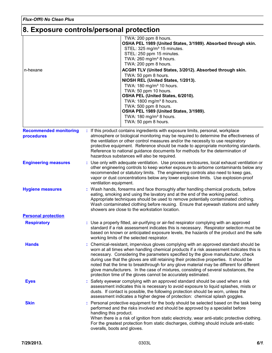 Exposure controls/personal protection | Chemtronics Flux-Off No Clean Plus ES596 User Manual | Page 6 / 12