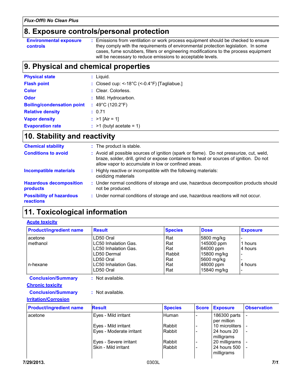 Exposure controls/personal protection, Physical and chemical properties, Stability and reactivity | Toxicological information | Chemtronics Flux-Off No Clean Plus ES596 User Manual | Page 7 / 12
