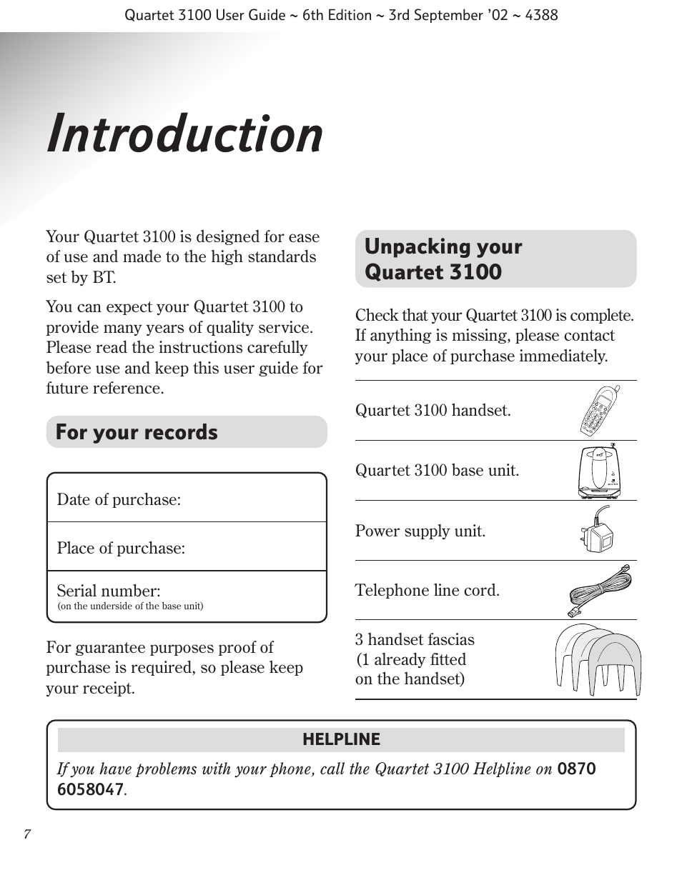 Introduction, For your records, Unpacking your quartet 3100 | BT 3100 User Manual | Page 10 / 50