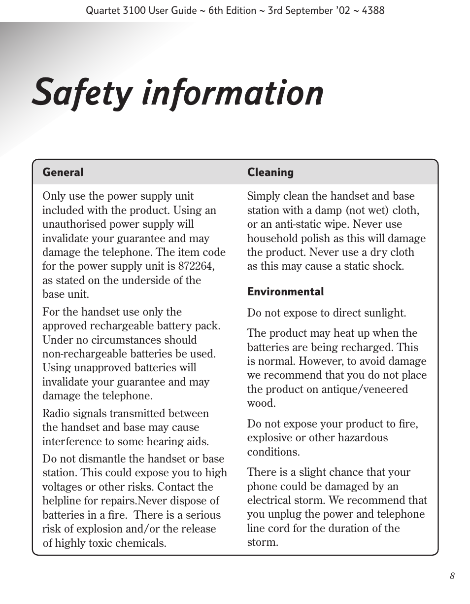 Safety information | BT 3100 User Manual | Page 11 / 50