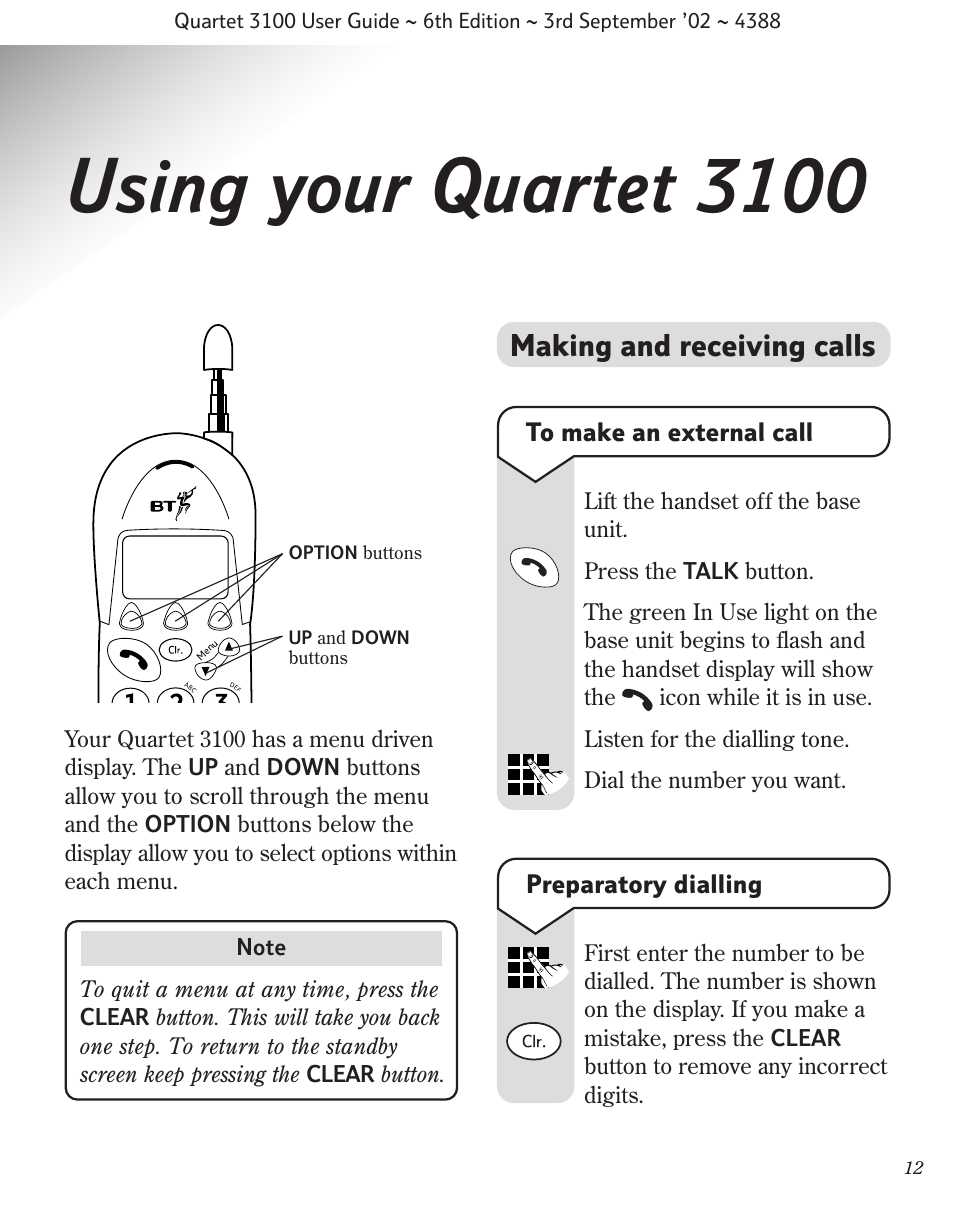 Using your quartet 3100, Making and receiving calls, Preparatory dialling | BT 3100 User Manual | Page 15 / 50