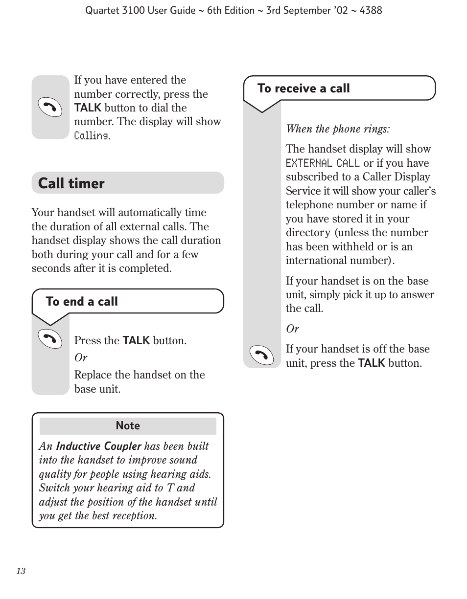 Call timer | BT 3100 User Manual | Page 16 / 50