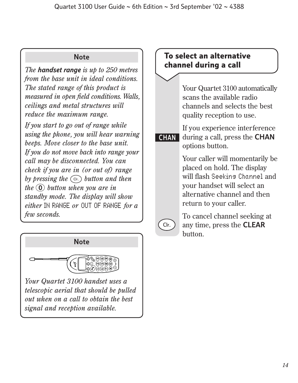 Seeking channel, Out of range, For a few seconds | BT 3100 User Manual | Page 17 / 50