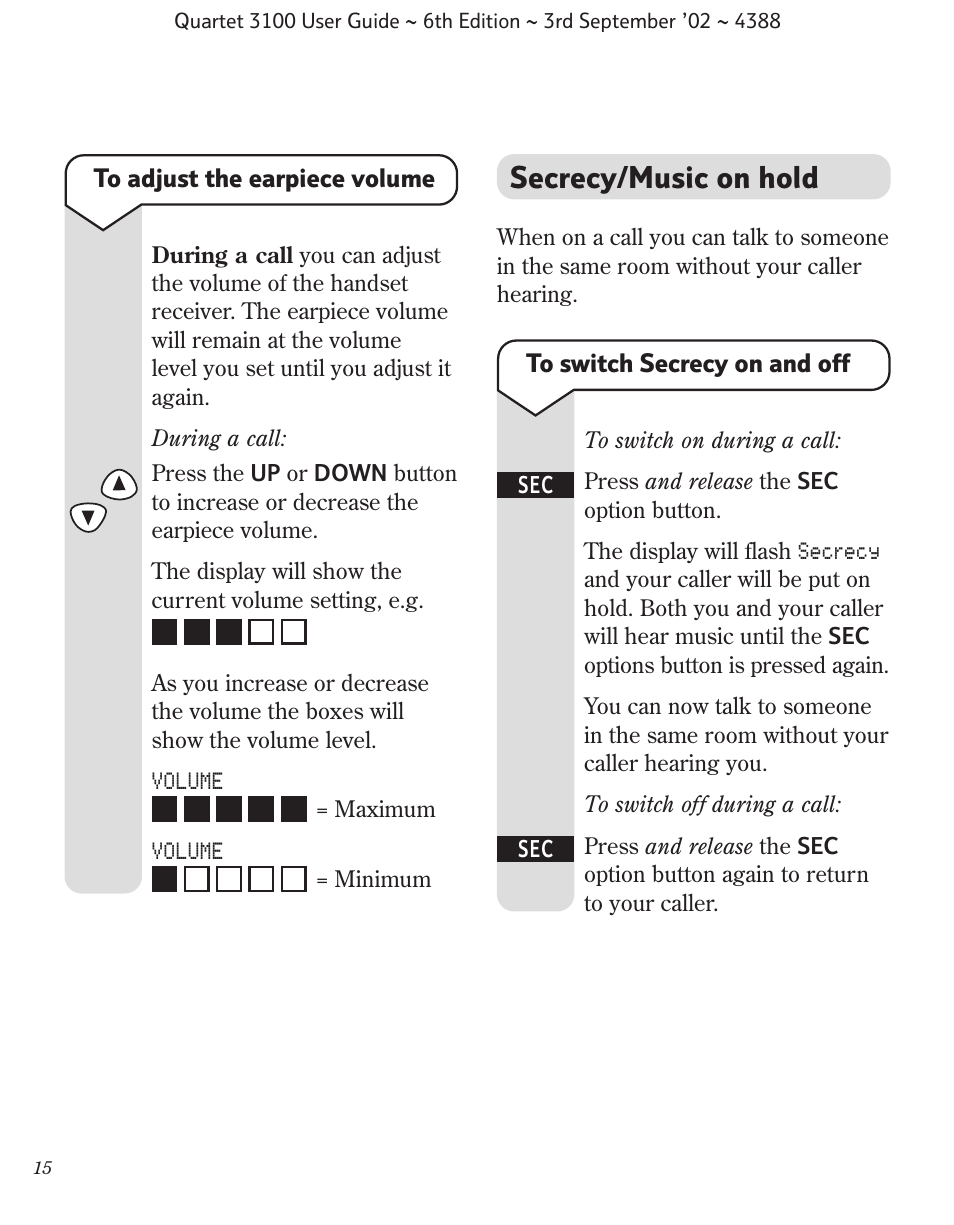 Secrecy/music on hold | BT 3100 User Manual | Page 18 / 50