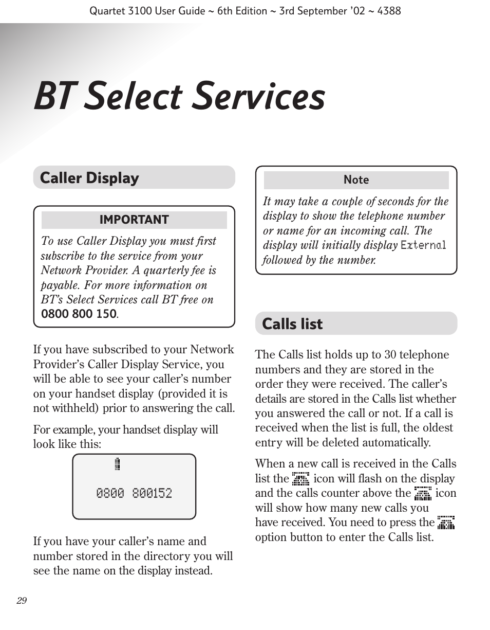 Bt select services, Caller display calls list | BT 3100 User Manual | Page 32 / 50
