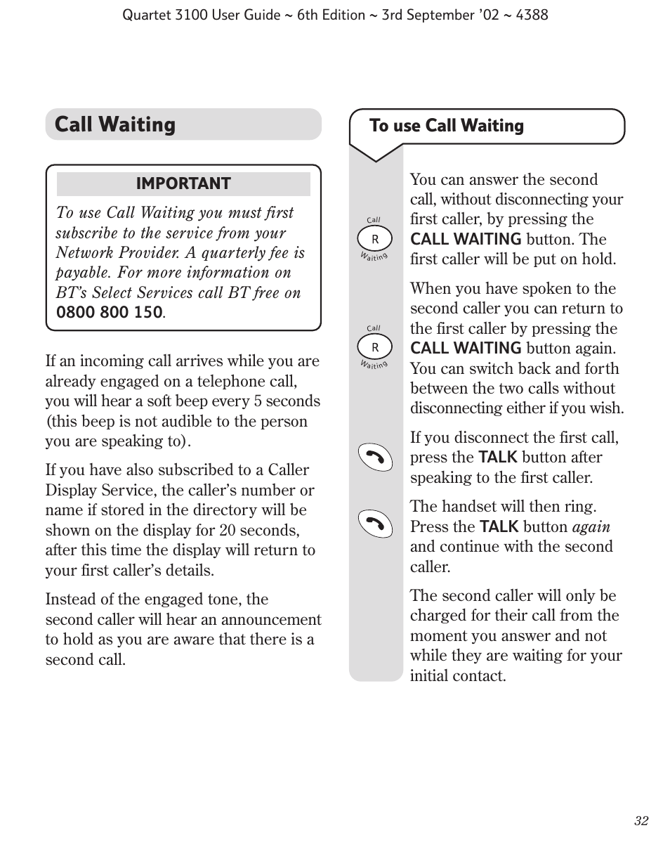 Call waiting | BT 3100 User Manual | Page 35 / 50