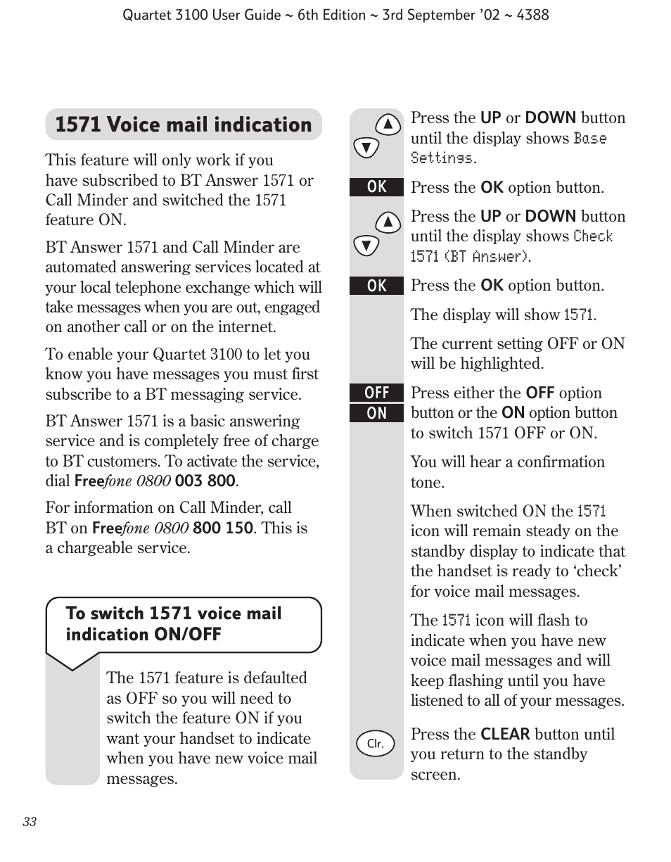 1571 voice mail indication | BT 3100 User Manual | Page 36 / 50