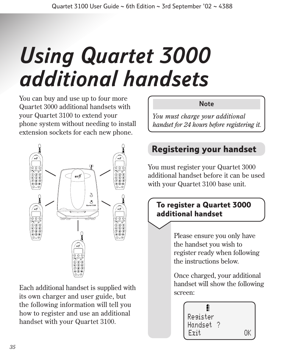 Using quartet 3000 additional handsets, Registering your handset, Register handset ? exit ok | BT 3100 User Manual | Page 38 / 50