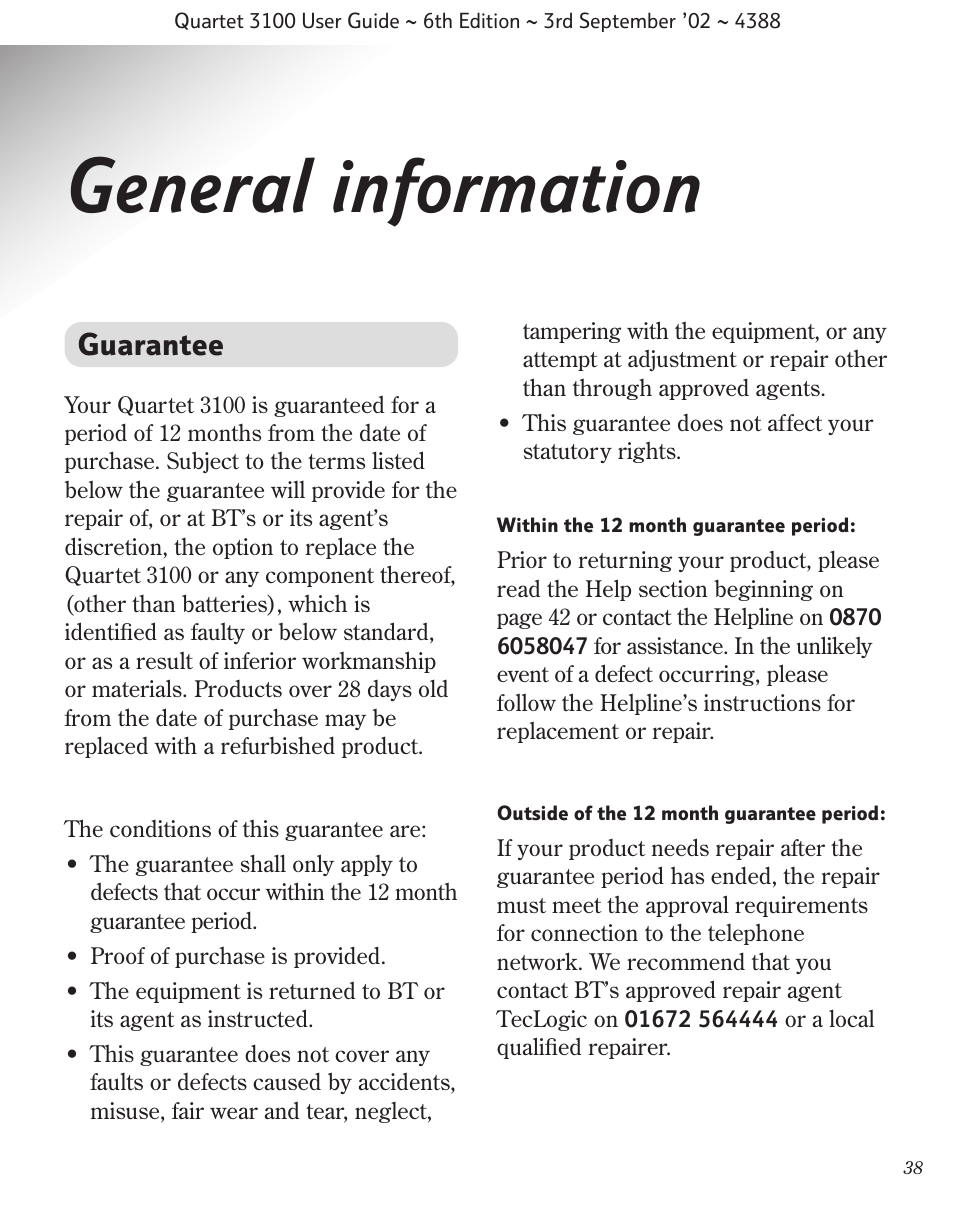 General information, Guarantee | BT 3100 User Manual | Page 41 / 50