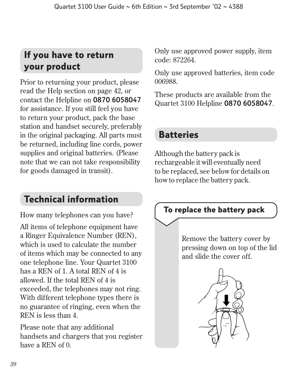 If you have to return your product, Technical information, Batteries | BT 3100 User Manual | Page 42 / 50