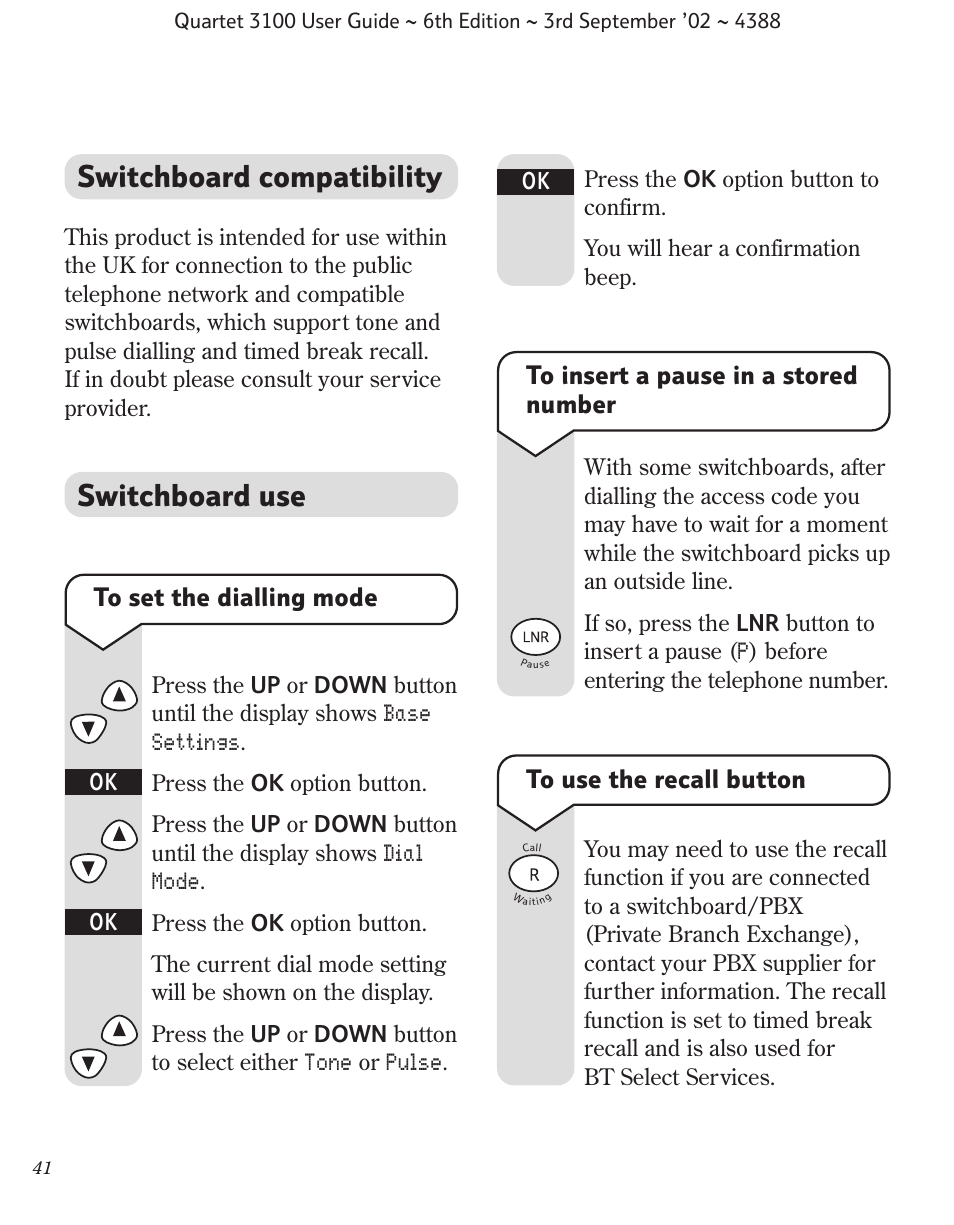 Switchboard compatibility, Switchboard use | BT 3100 User Manual | Page 44 / 50