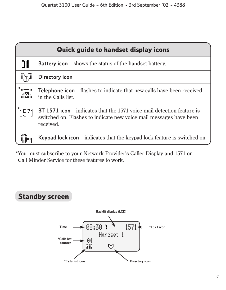 Standby screen, Quick guide to handset display icons, Handset 1 04 | BT 3100 User Manual | Page 7 / 50