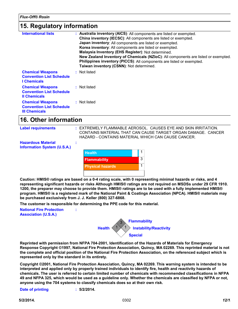 Regulatory information, Other information | Chemtronics Flux-Off Rosin ES835B User Manual | Page 12 / 13