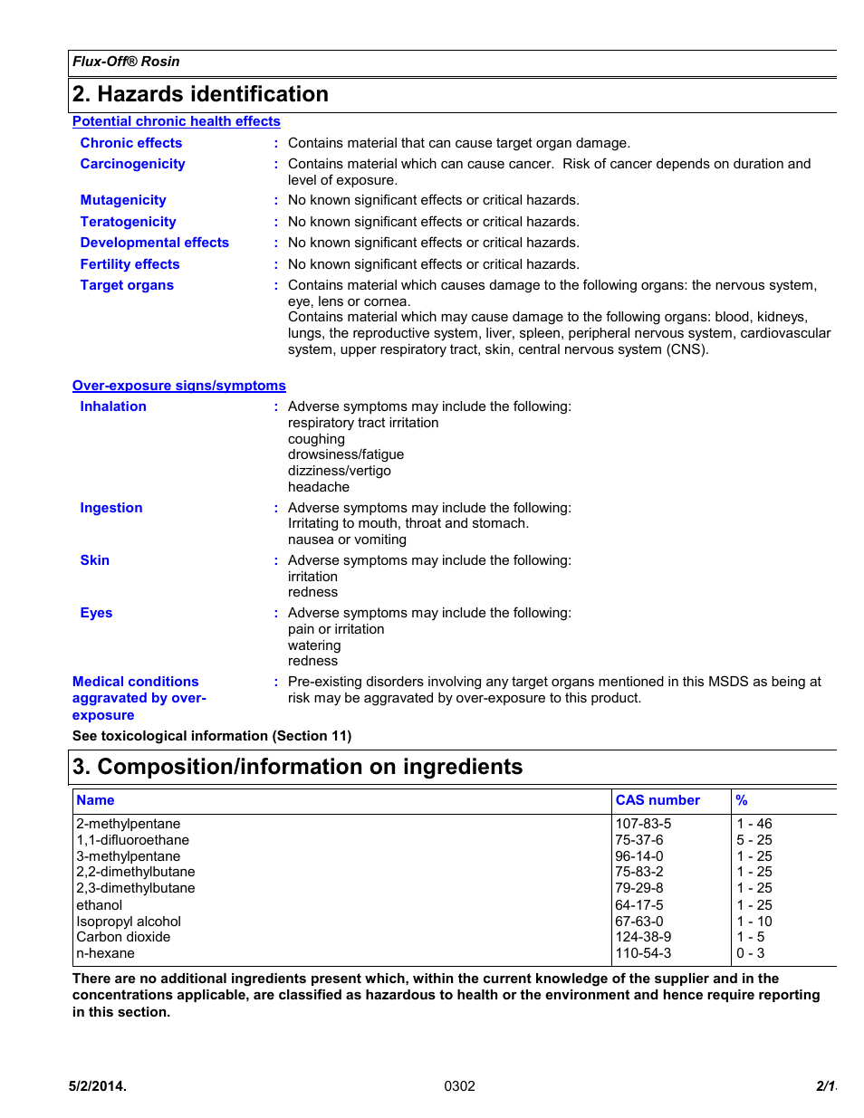 Hazards identification, Composition/information on ingredients | Chemtronics Flux-Off Rosin ES835B User Manual | Page 2 / 13