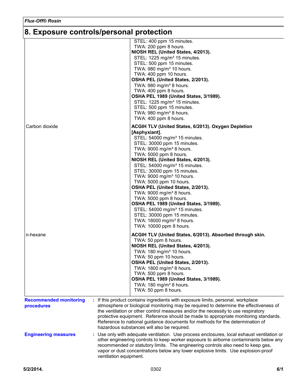 Exposure controls/personal protection | Chemtronics Flux-Off Rosin ES835B User Manual | Page 6 / 13