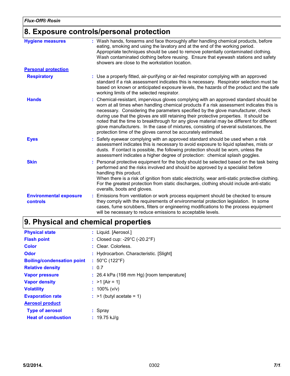 Exposure controls/personal protection, Physical and chemical properties | Chemtronics Flux-Off Rosin ES835B User Manual | Page 7 / 13