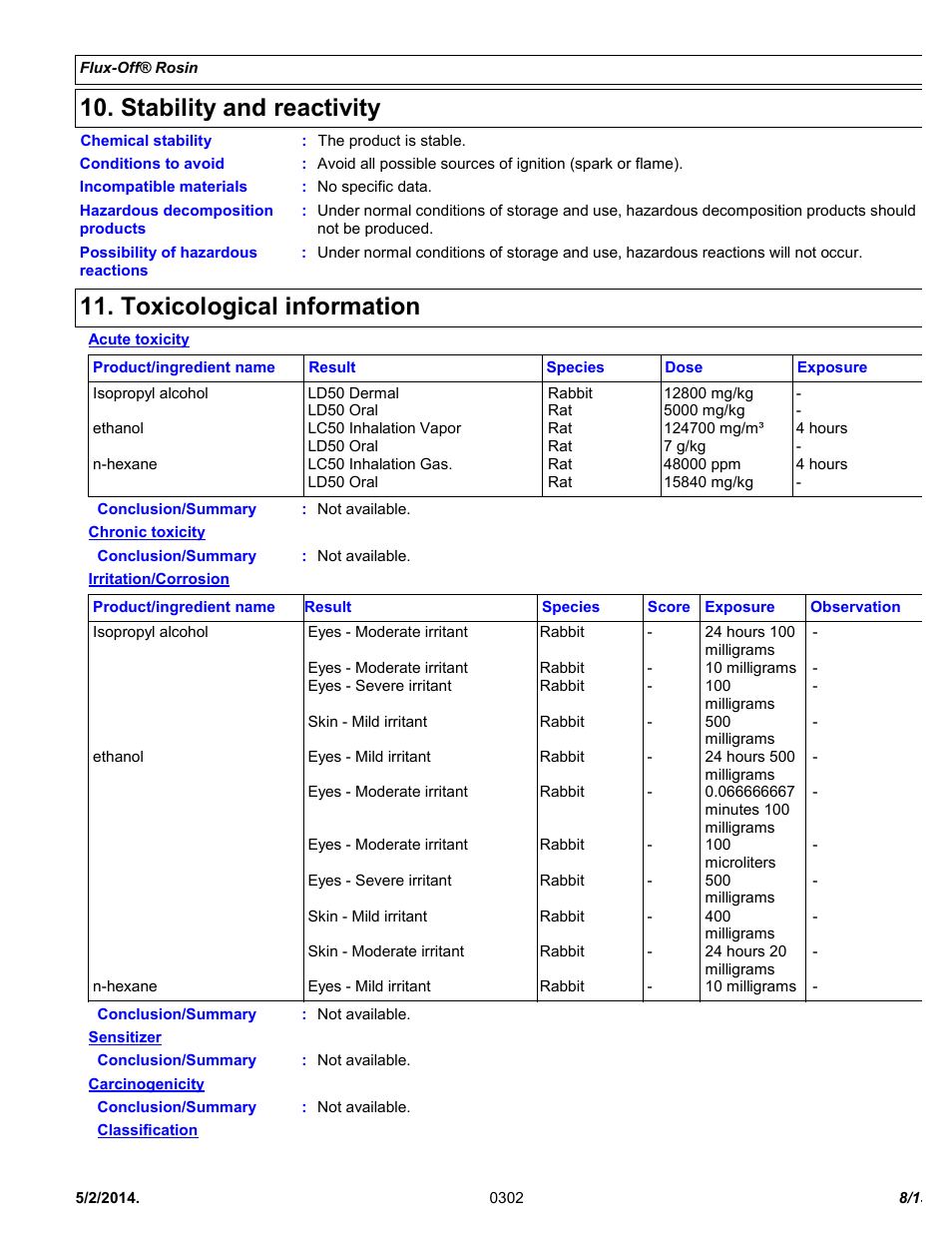 Stability and reactivity, Toxicological information | Chemtronics Flux-Off Rosin ES835B User Manual | Page 8 / 13