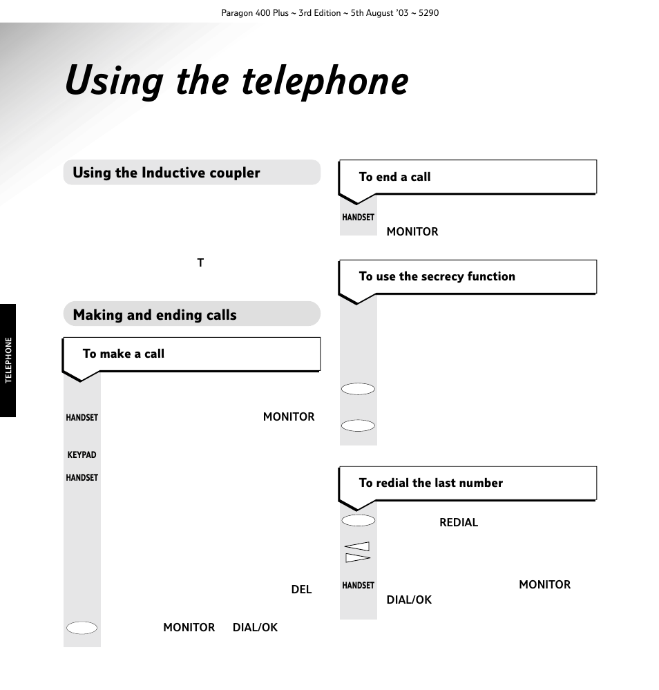 Using the telephone, Making and ending calls, Using the inductive coupler | BT 400 Plus User Manual | Page 13 / 31