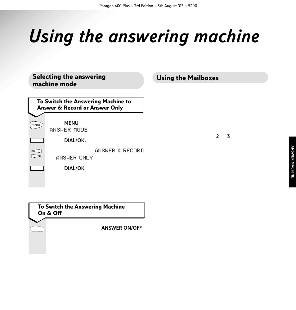 Using the answering machine, Selecting the answering machine mode, Using the mailboxes | BT 400 Plus User Manual | Page 16 / 31