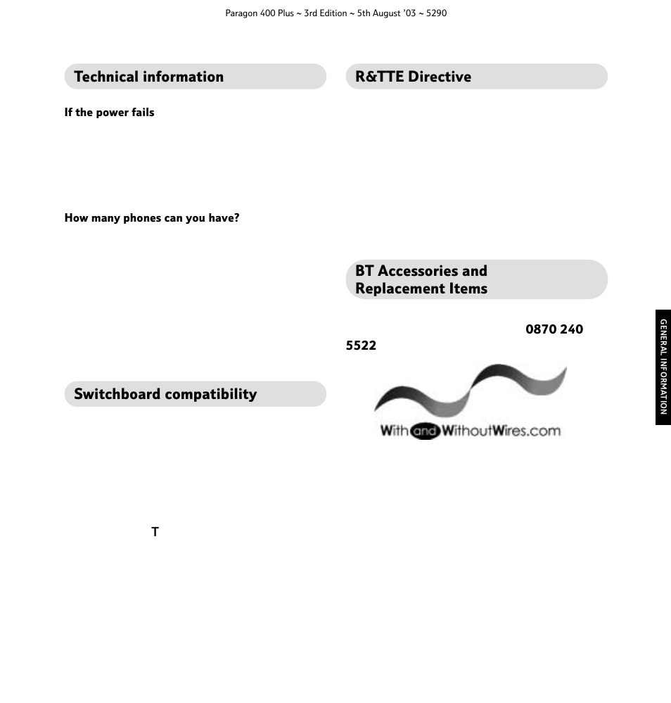 R&tte directive, Switchboard compatibility, Bt accessories and replacement items | Technical information | BT 400 Plus User Manual | Page 28 / 31