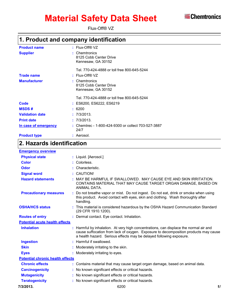 Chemtronics Flux-Off VZ ES6200 User Manual | 9 pages