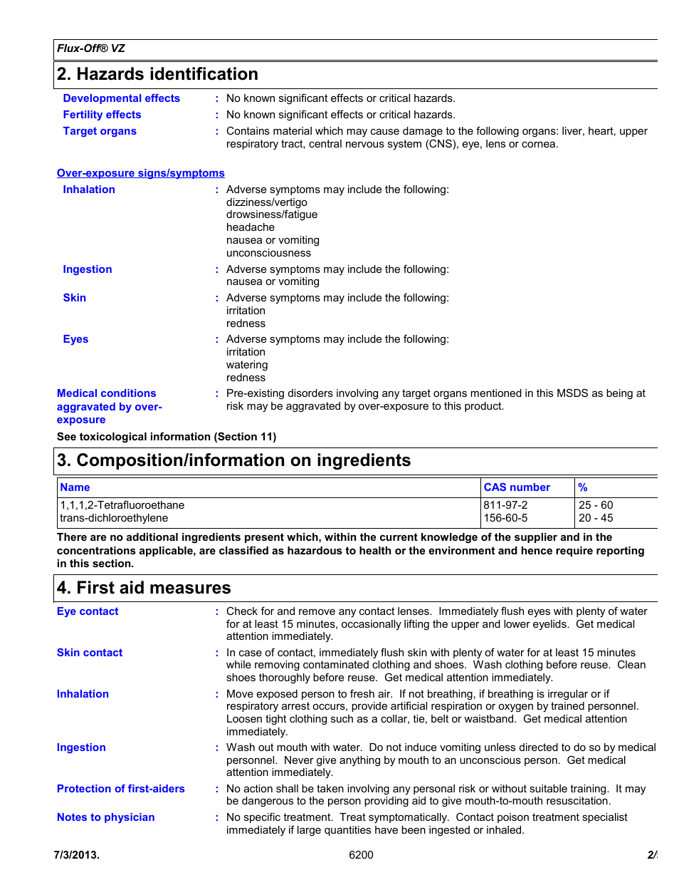 Hazards identification, Composition/information on ingredients, First aid measures | Chemtronics Flux-Off VZ ES6200 User Manual | Page 2 / 9