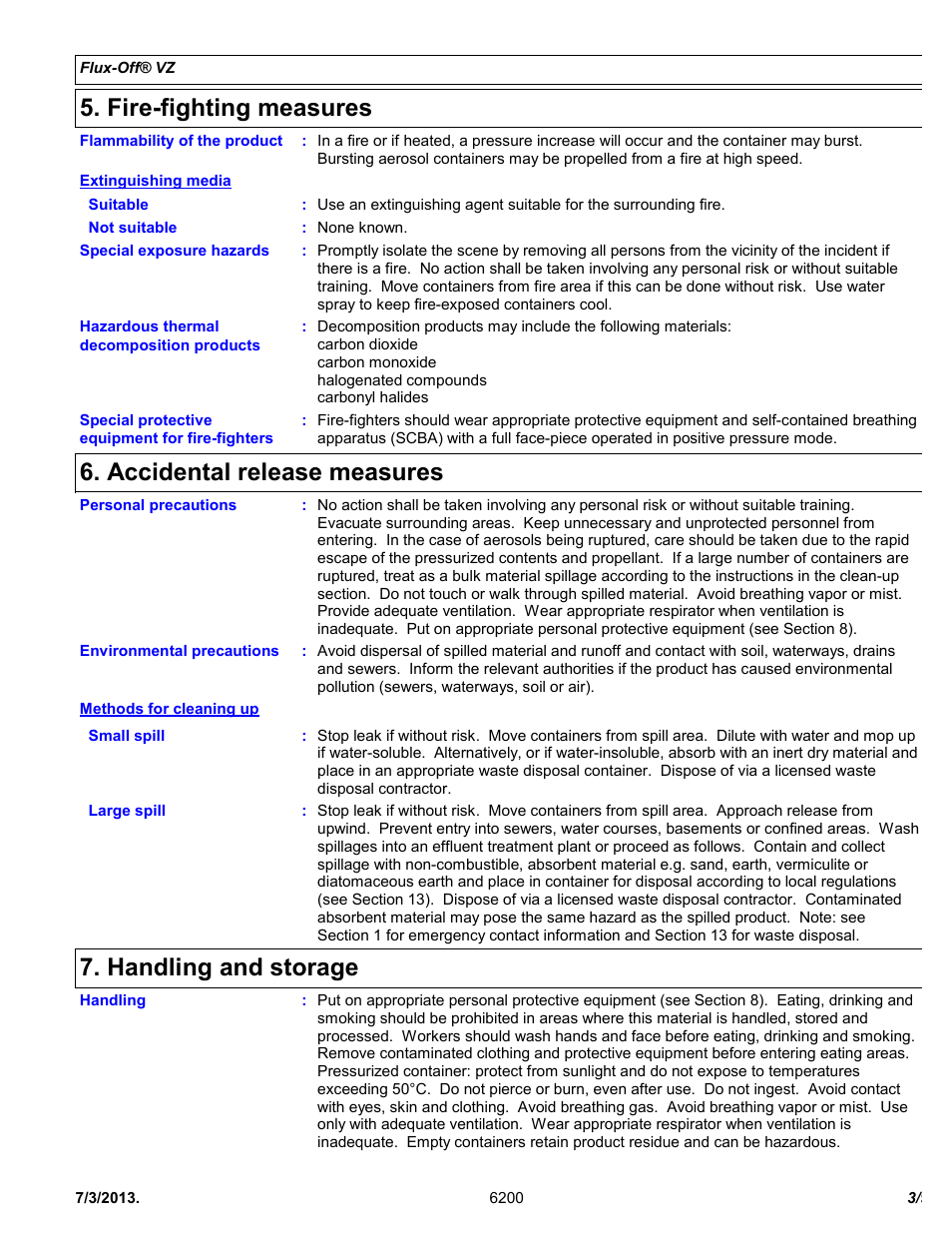 Fire-fighting measures, Accidental release measures, Handling and storage | Chemtronics Flux-Off VZ ES6200 User Manual | Page 3 / 9
