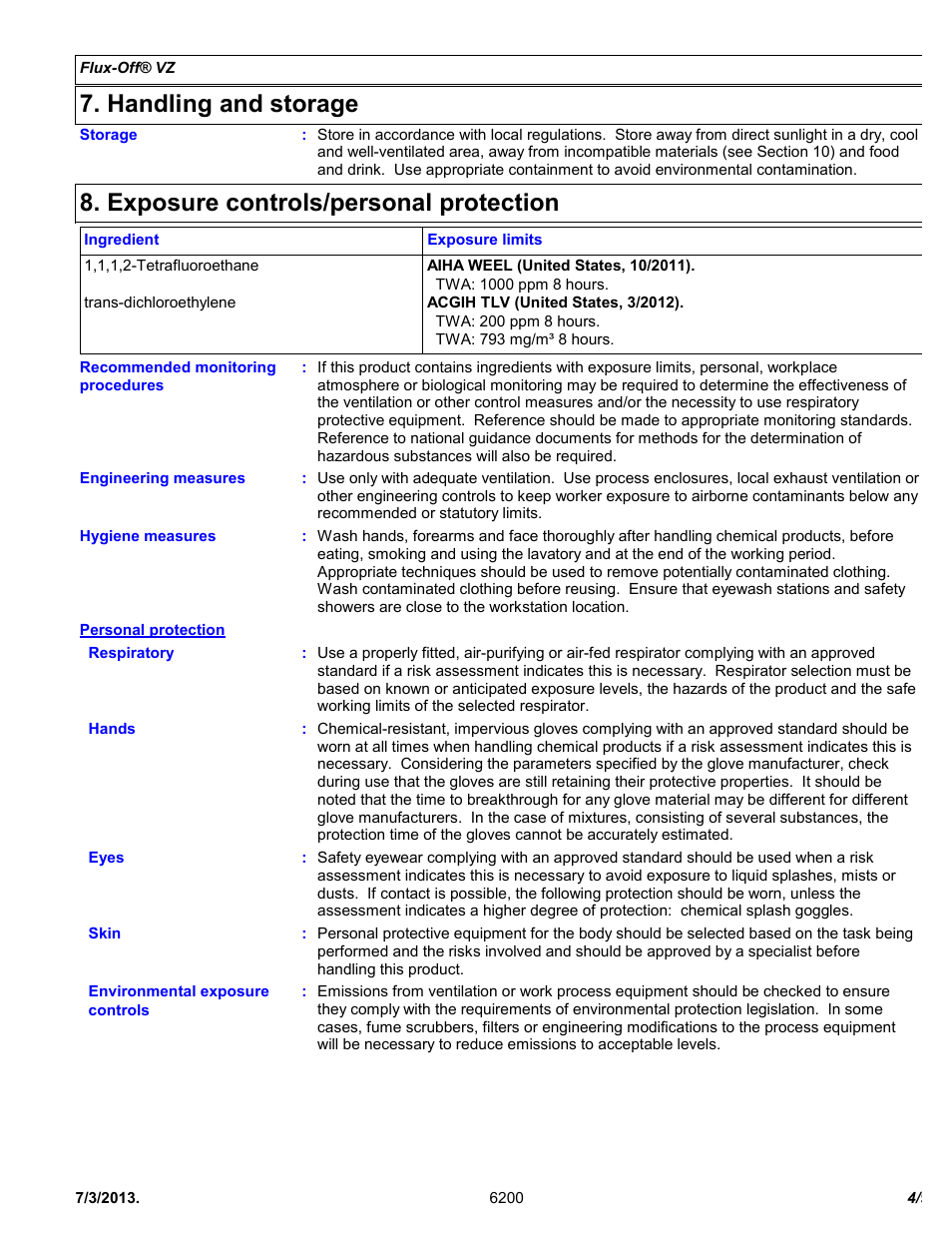 Handling and storage, Exposure controls/personal protection | Chemtronics Flux-Off VZ ES6200 User Manual | Page 4 / 9