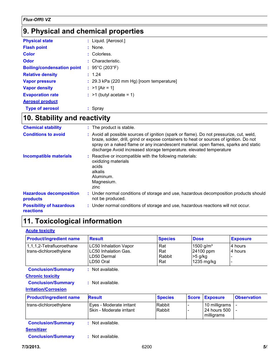 Physical and chemical properties, Stability and reactivity, Toxicological information | Chemtronics Flux-Off VZ ES6200 User Manual | Page 5 / 9