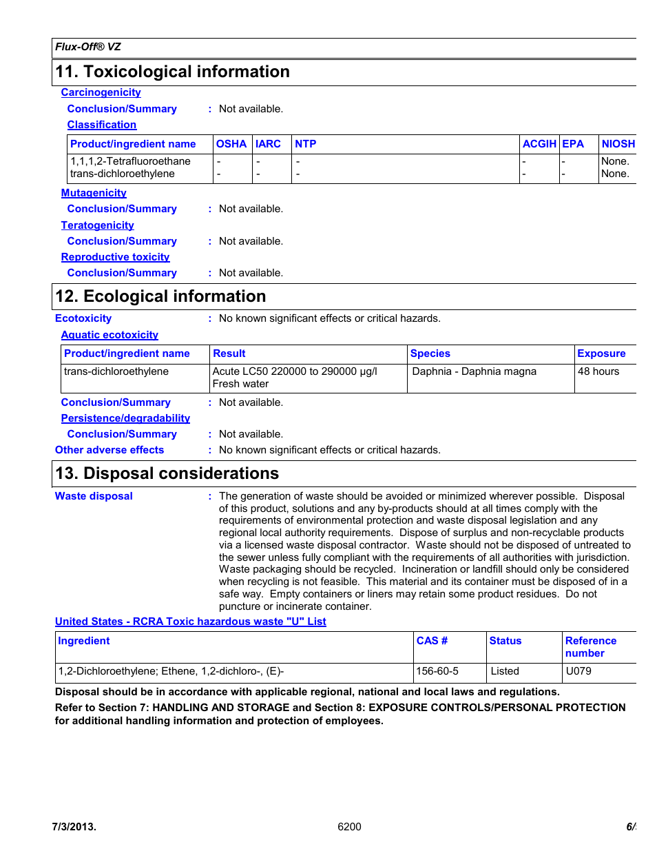Toxicological information, Ecological information, Disposal considerations | Chemtronics Flux-Off VZ ES6200 User Manual | Page 6 / 9