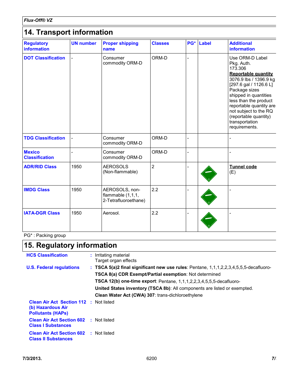 Transport information, Regulatory information | Chemtronics Flux-Off VZ ES6200 User Manual | Page 7 / 9
