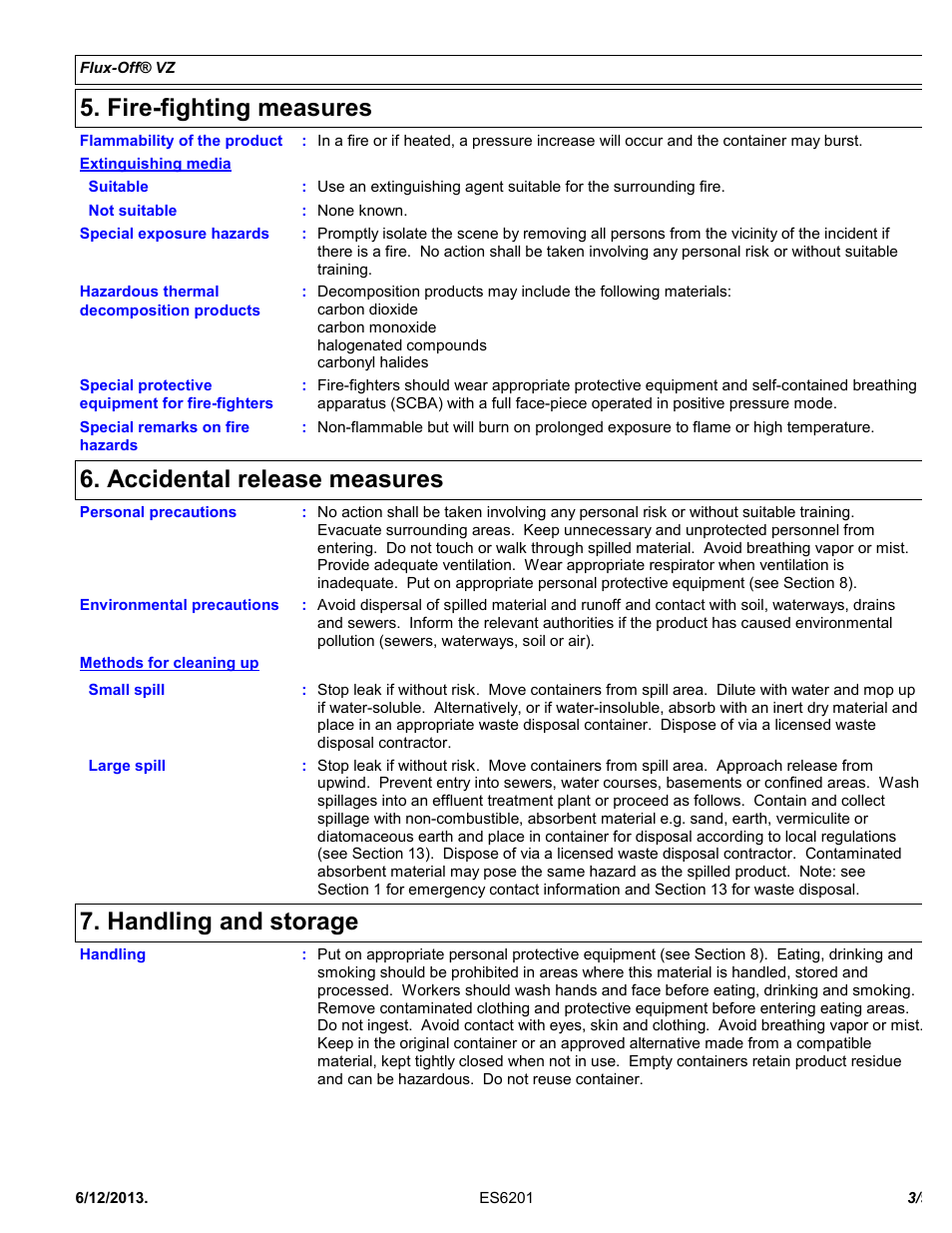 Fire-fighting measures, Accidental release measures, Handling and storage | Chemtronics Flux-Off VZ ES6255 User Manual | Page 3 / 9