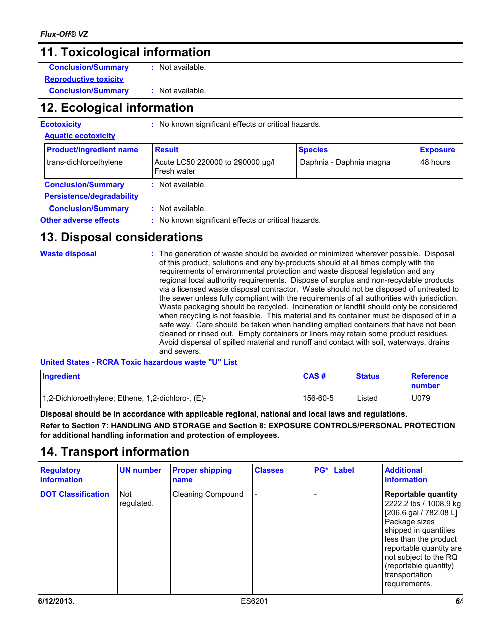 Toxicological information, Ecological information, Disposal considerations | Transport information | Chemtronics Flux-Off VZ ES6255 User Manual | Page 6 / 9