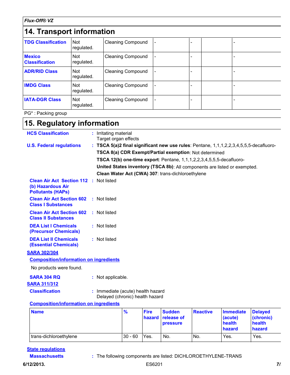 Transport information, Regulatory information | Chemtronics Flux-Off VZ ES6255 User Manual | Page 7 / 9