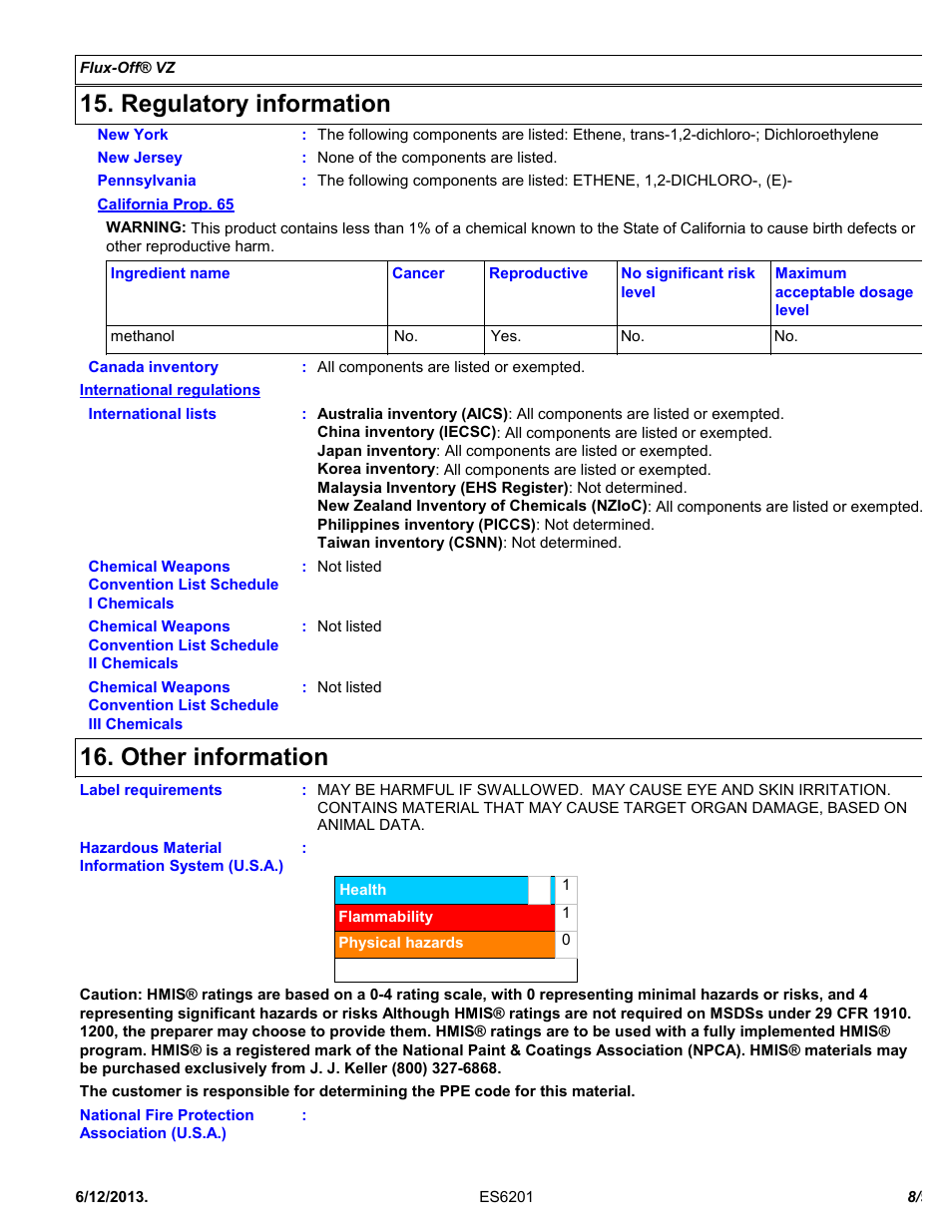 Regulatory information, Other information | Chemtronics Flux-Off VZ ES6255 User Manual | Page 8 / 9
