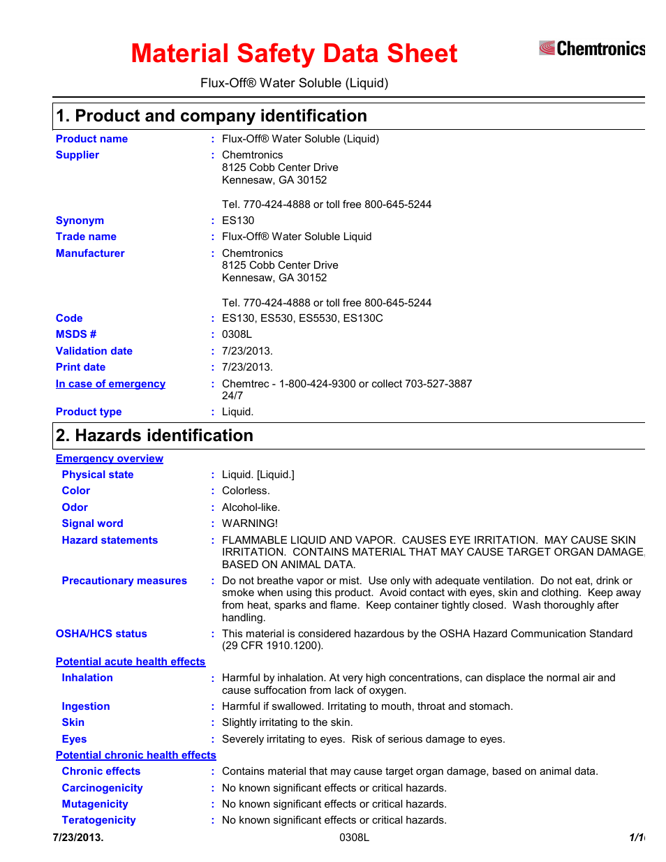 Chemtronics Flux-Off Water Soluble ES130 User Manual | 10 pages