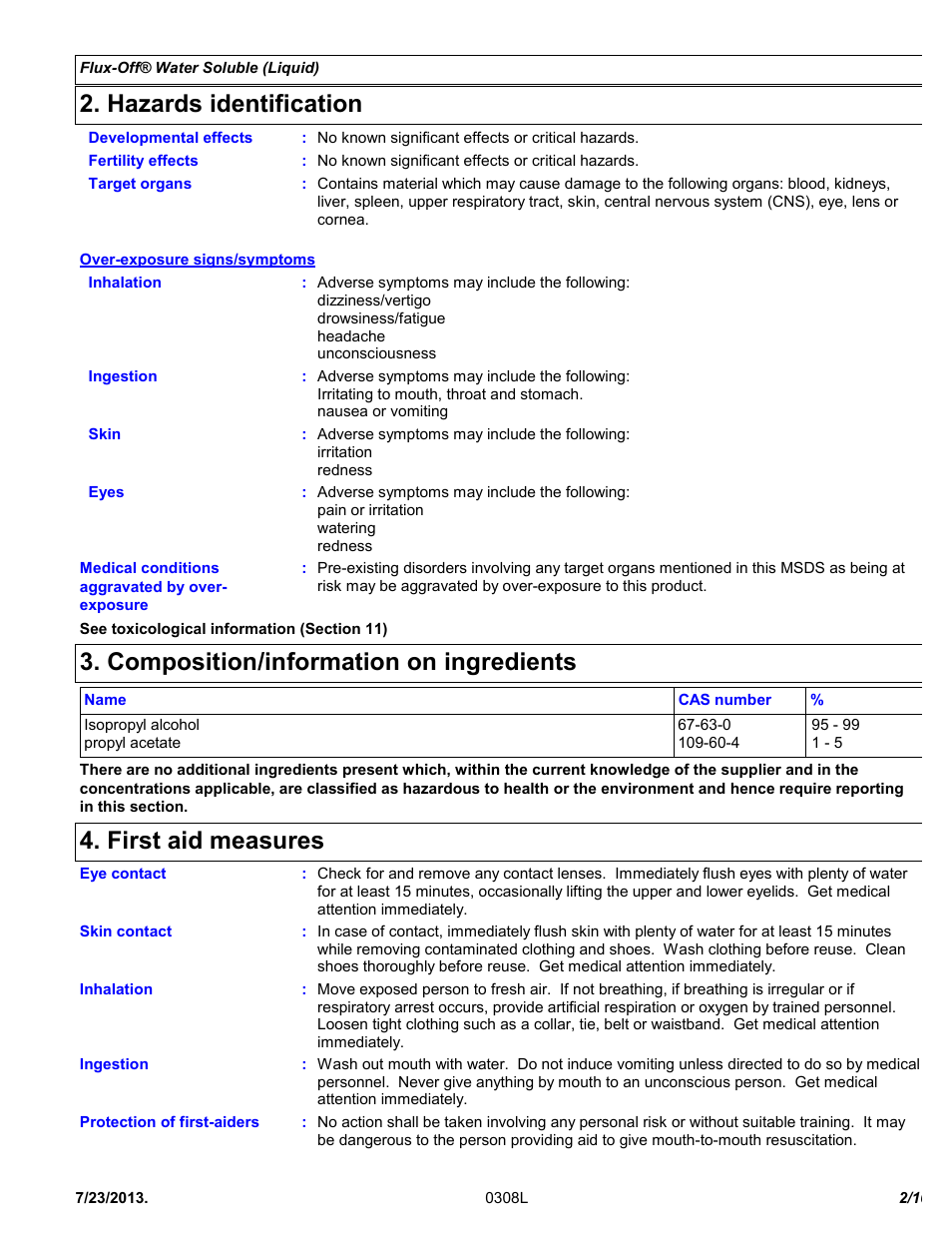 Hazards identification, Composition/information on ingredients, First aid measures | Chemtronics Flux-Off Water Soluble ES130 User Manual | Page 2 / 10