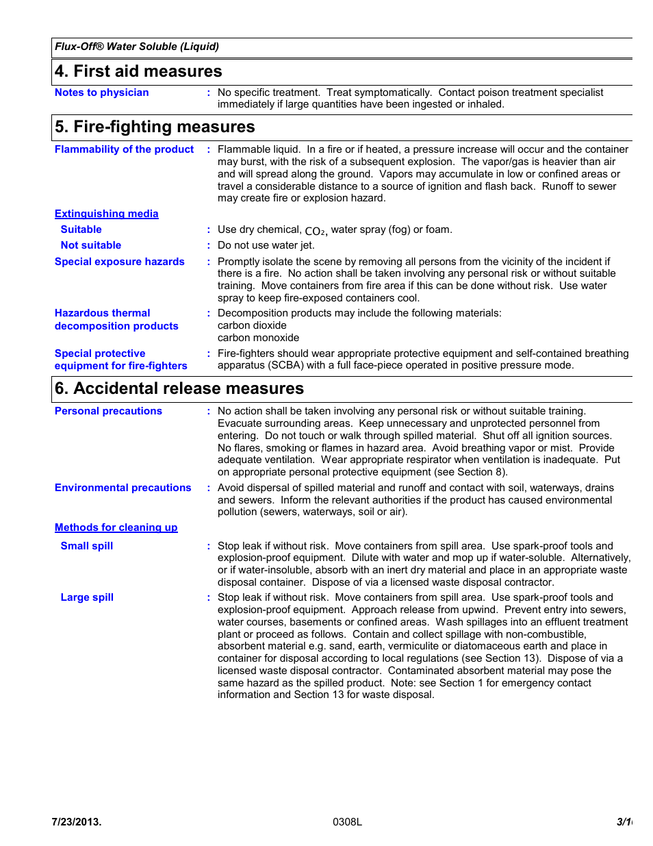 First aid measures, Fire-fighting measures, Accidental release measures | Chemtronics Flux-Off Water Soluble ES130 User Manual | Page 3 / 10