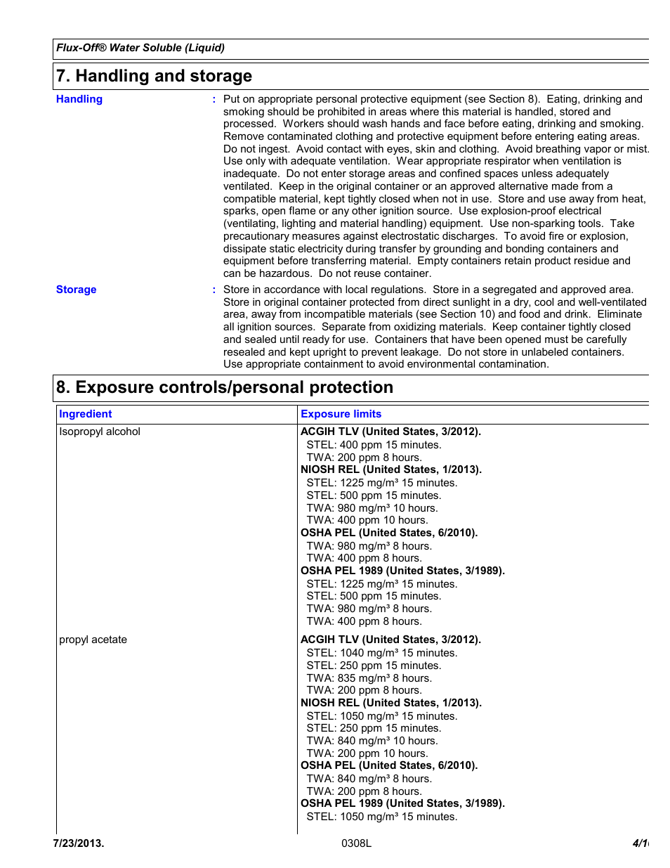 Handling and storage, Exposure controls/personal protection | Chemtronics Flux-Off Water Soluble ES130 User Manual | Page 4 / 10