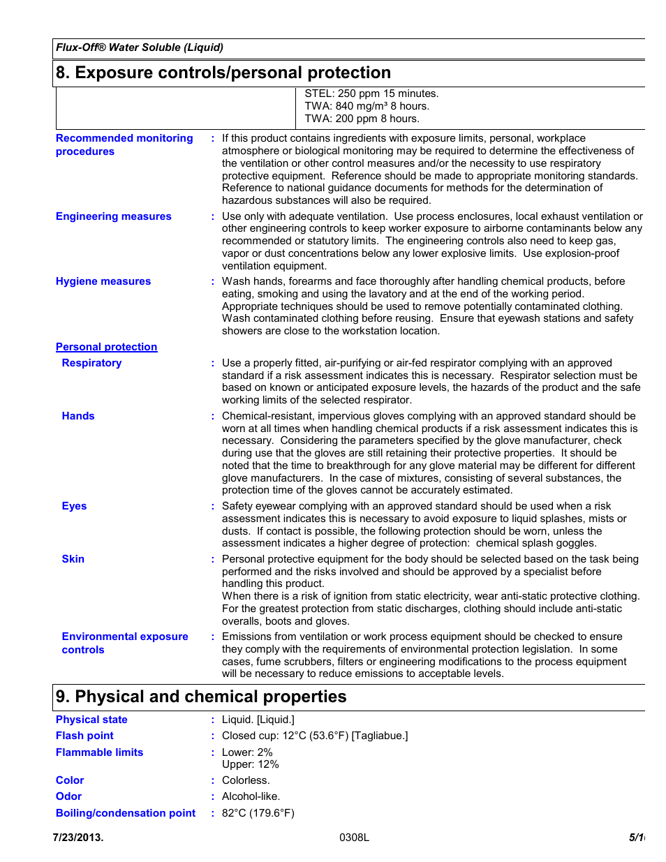 Exposure controls/personal protection, Physical and chemical properties | Chemtronics Flux-Off Water Soluble ES130 User Manual | Page 5 / 10