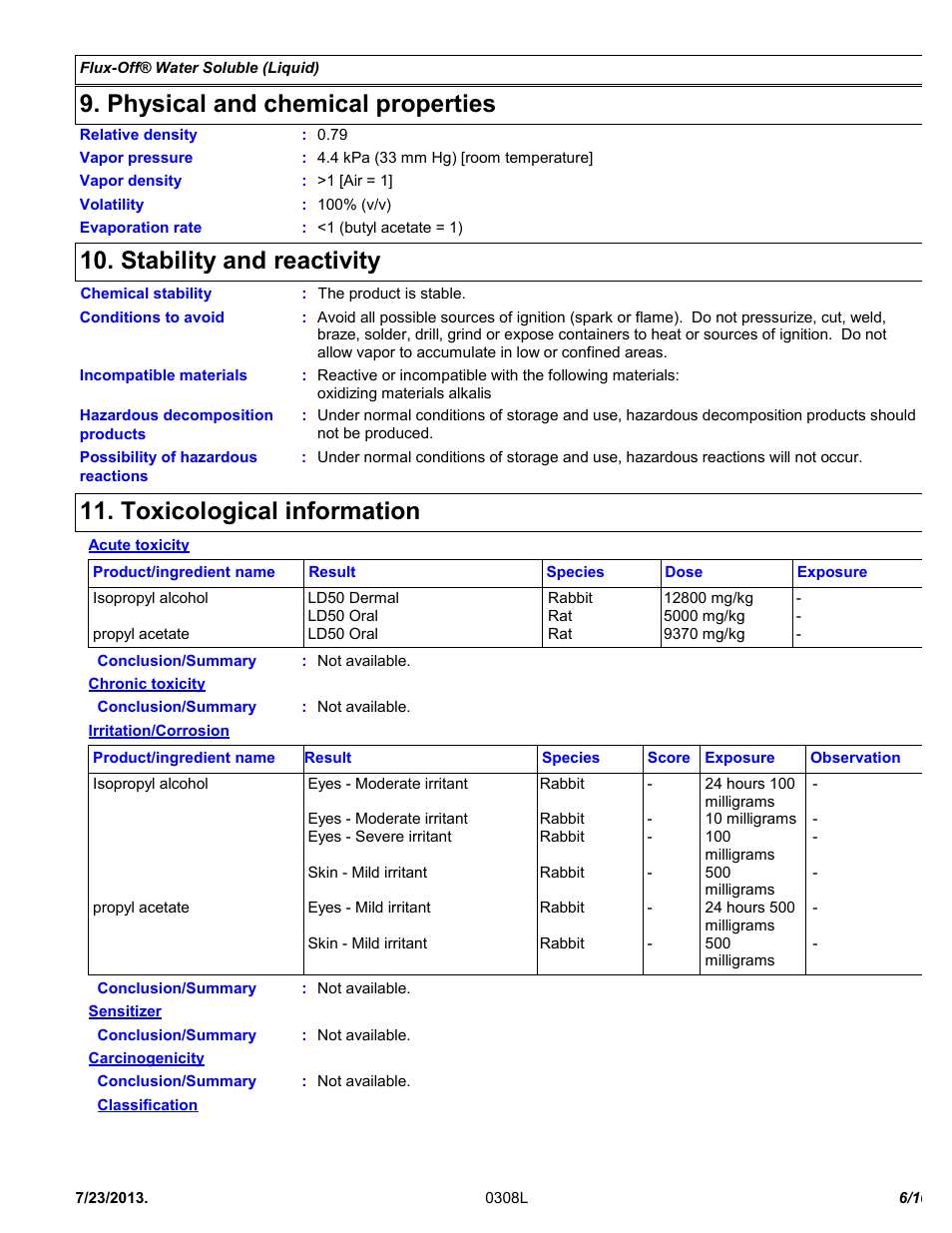 Physical and chemical properties, Stability and reactivity, Toxicological information | Chemtronics Flux-Off Water Soluble ES130 User Manual | Page 6 / 10