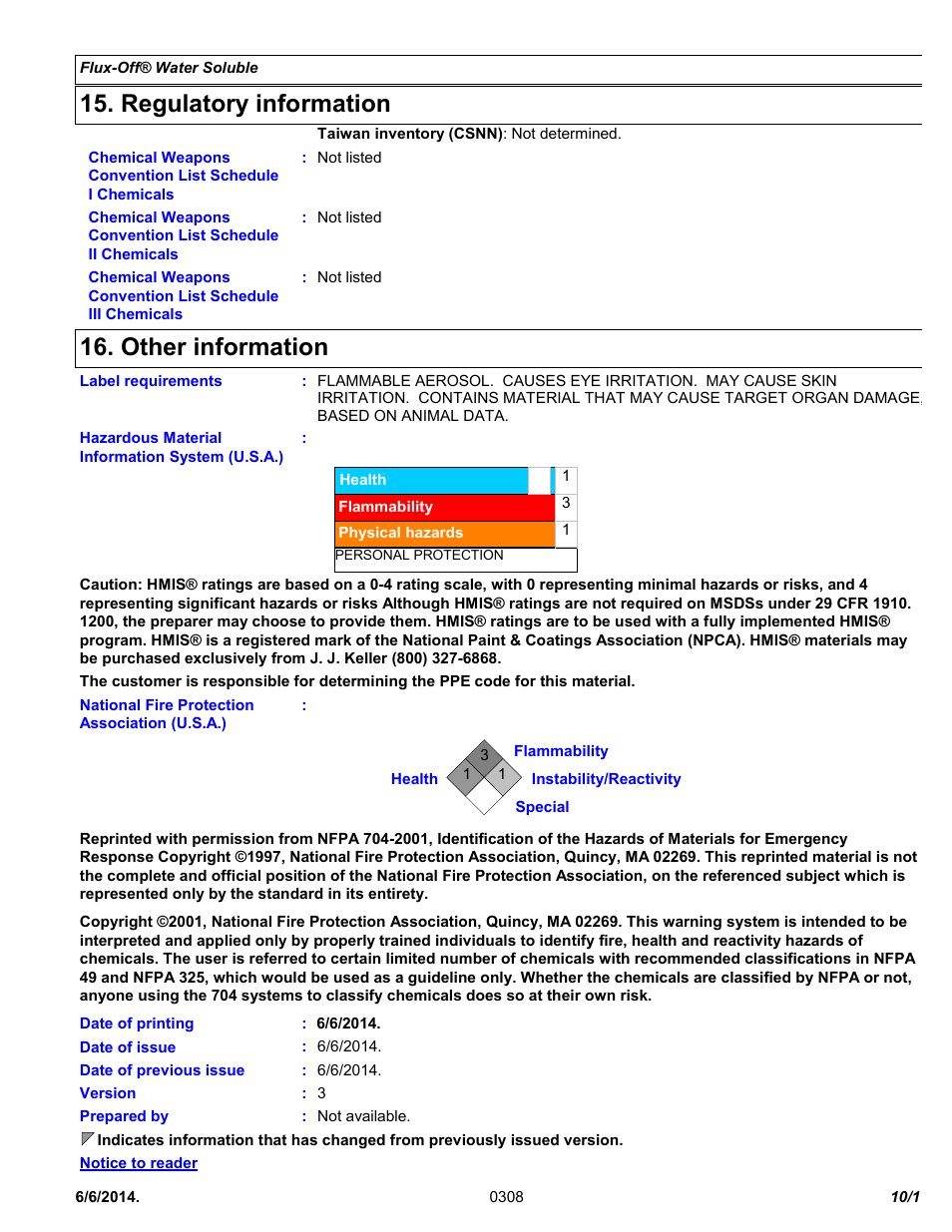 Regulatory information, Other information | Chemtronics Flux-Off Water Soluble ES1530 User Manual | Page 10 / 11