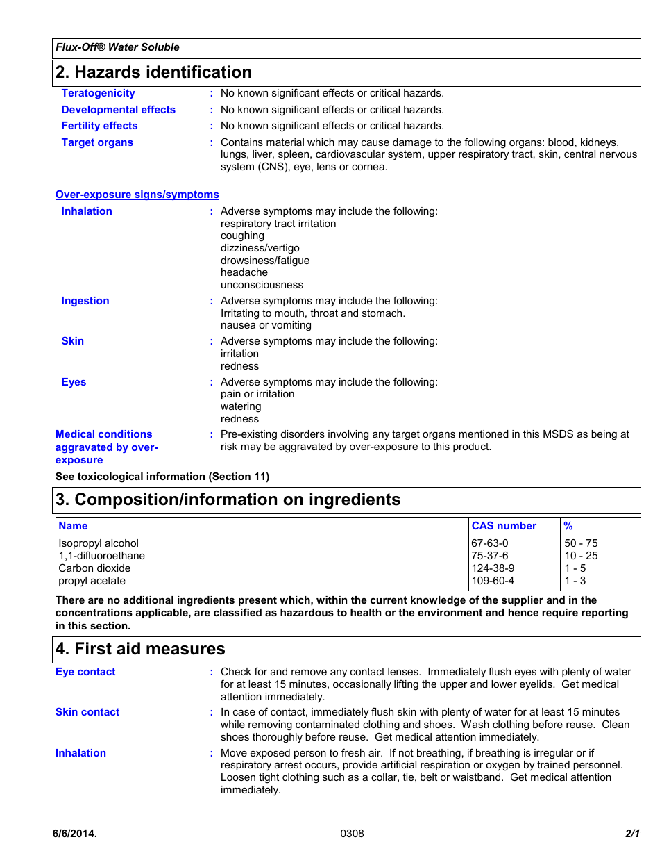 Hazards identification, Composition/information on ingredients, First aid measures | Chemtronics Flux-Off Water Soluble ES1530 User Manual | Page 2 / 11