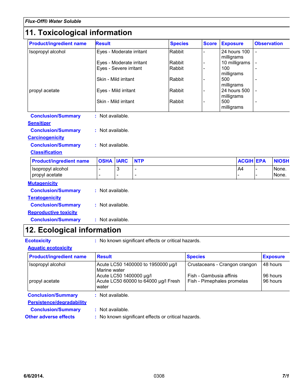 Toxicological information, Ecological information | Chemtronics Flux-Off Water Soluble ES1530 User Manual | Page 7 / 11
