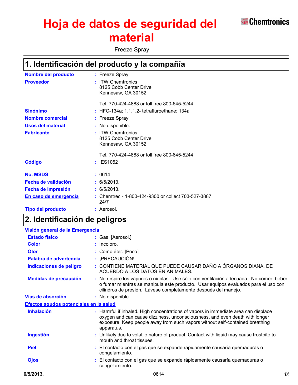 Chemtronics Freeze Spray ES1052 User Manual | 9 pages