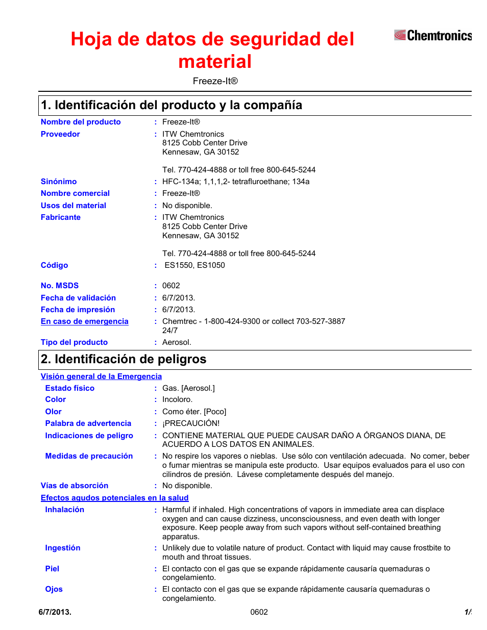 Chemtronics Freeze-It ES1550 User Manual | 9 pages